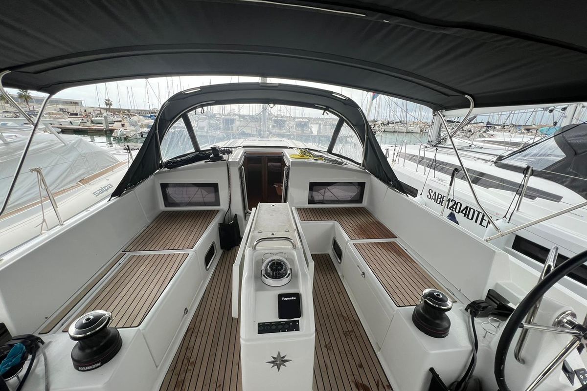 Cockpit of Rigel, a Jeanneau Sun Odyssey 490 sailboat at Salerno, Italy