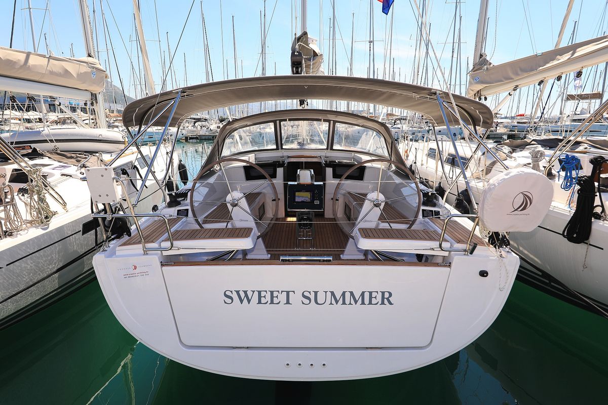 Exterior view of Sweet Summer, a Hanse Yachts Hanse 388 sailboat at Grad Kaštela, Croatia