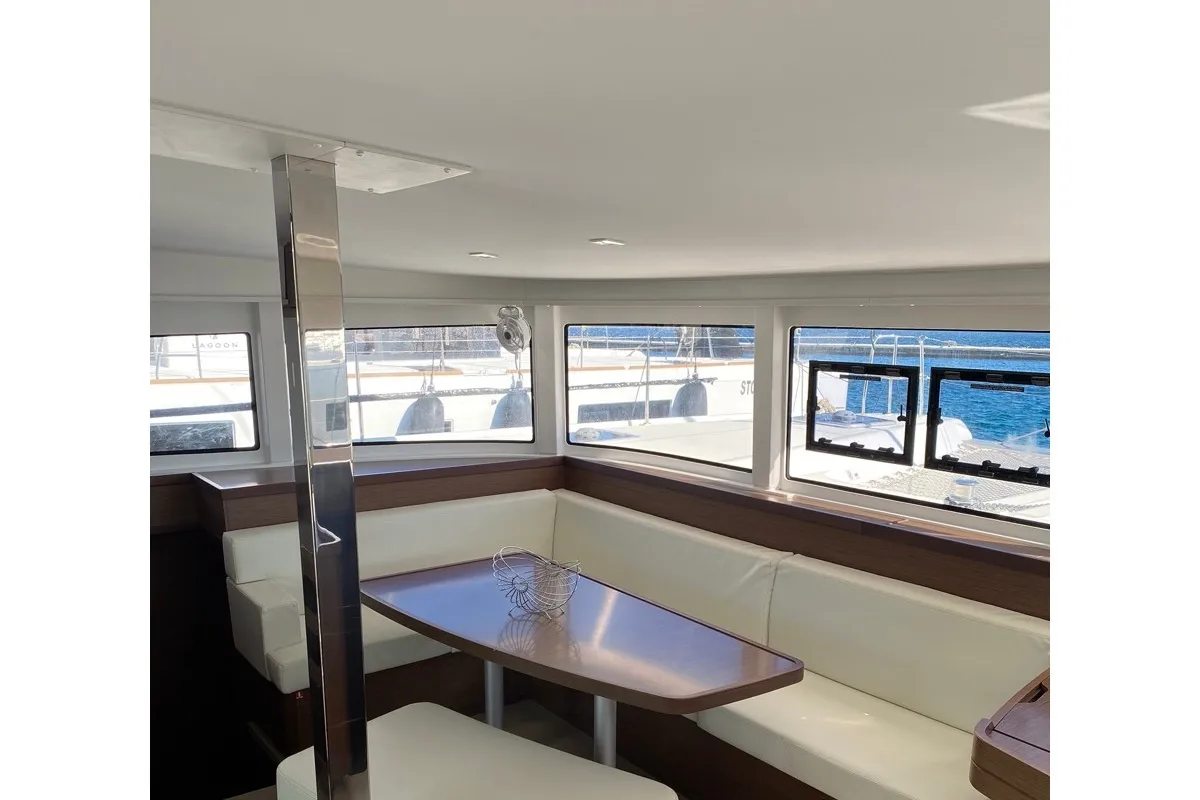 Salon of Proxima Centauri, a Lagoon 42 catamaran at Tonnarella, Italy