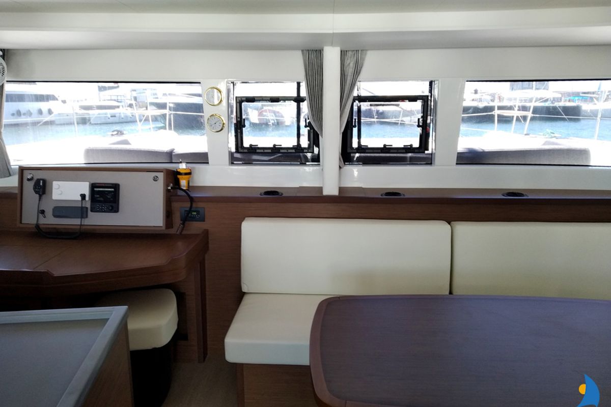 Salon of Grecostar, a Lagoon 450 Fly catamaran at Athens, Greece