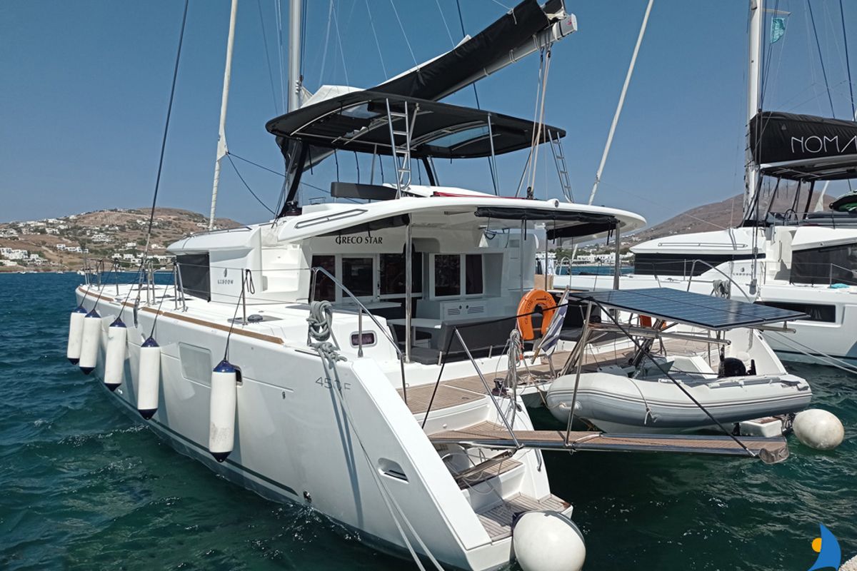 Exterior view of Grecostar, a Lagoon 450 Fly catamaran at Athens, Greece