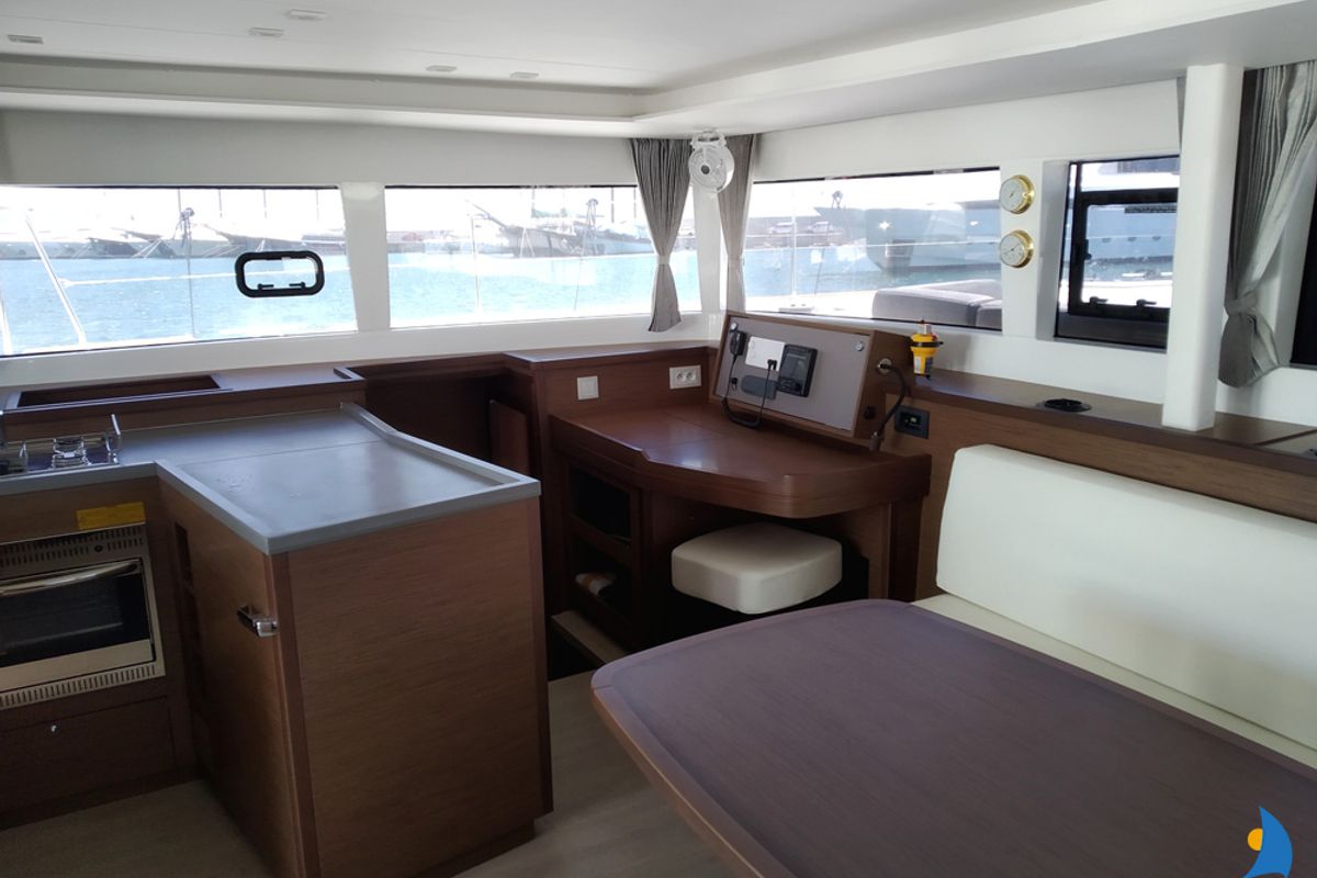 Salon of Grecostar, a Lagoon 450 Fly catamaran at Athens, Greece