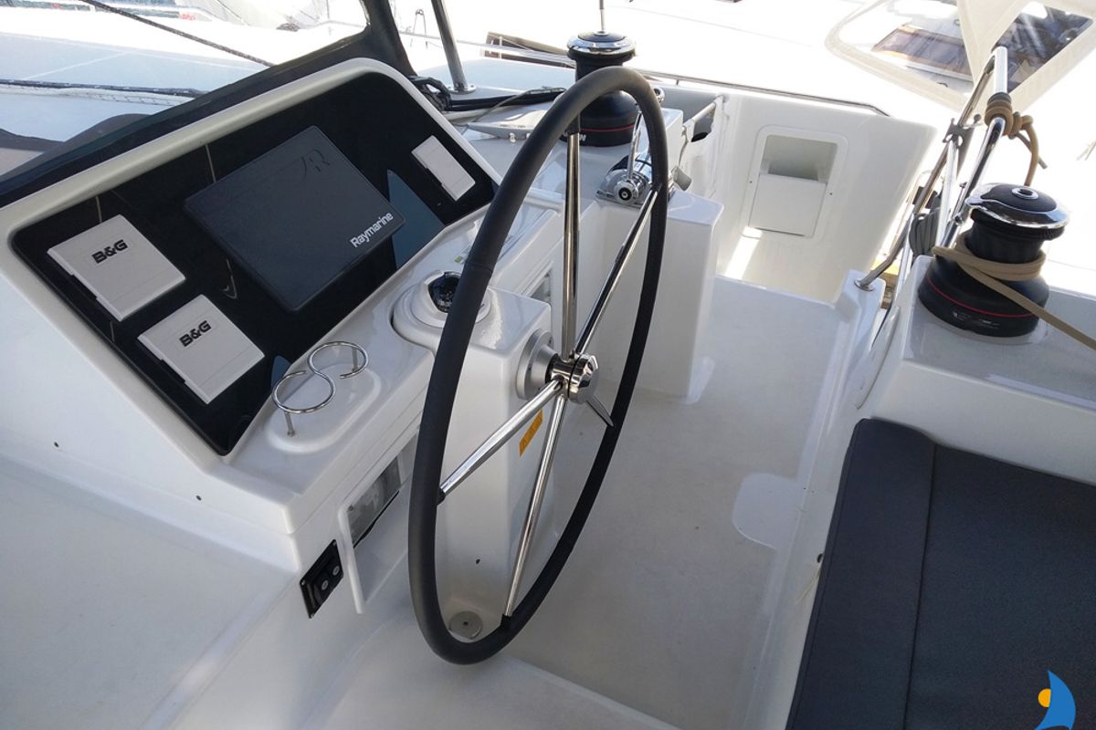 Cockpit of Grecostar, a Lagoon 450 Fly catamaran at Athens, Greece