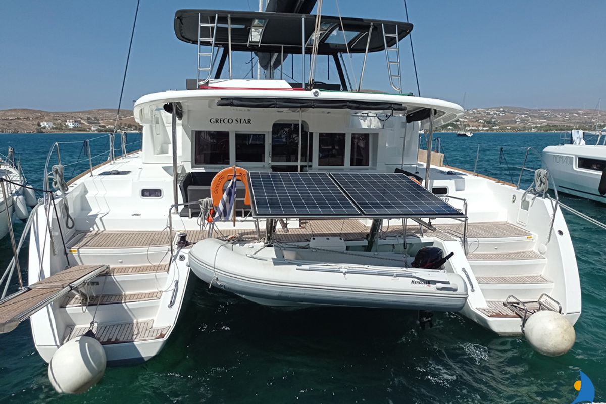 Exterior view of Grecostar, a Lagoon 450 Fly catamaran at Athens, Greece