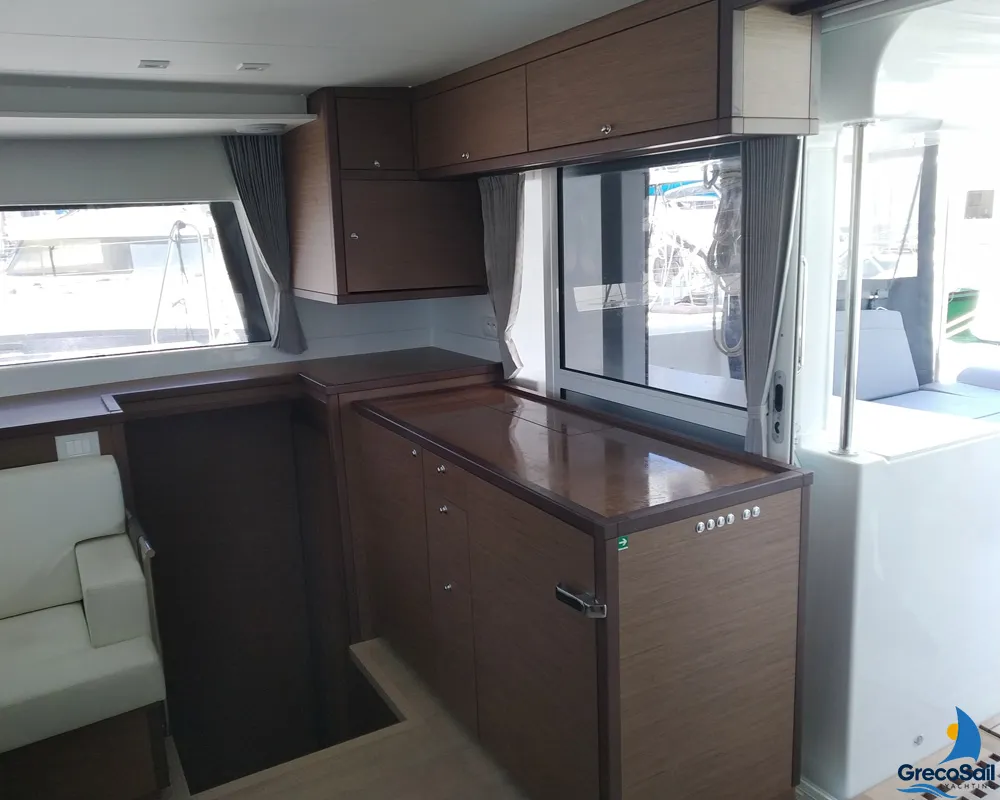 Salon of Grecostar, a Lagoon 450 Fly catamaran at Athens, Greece