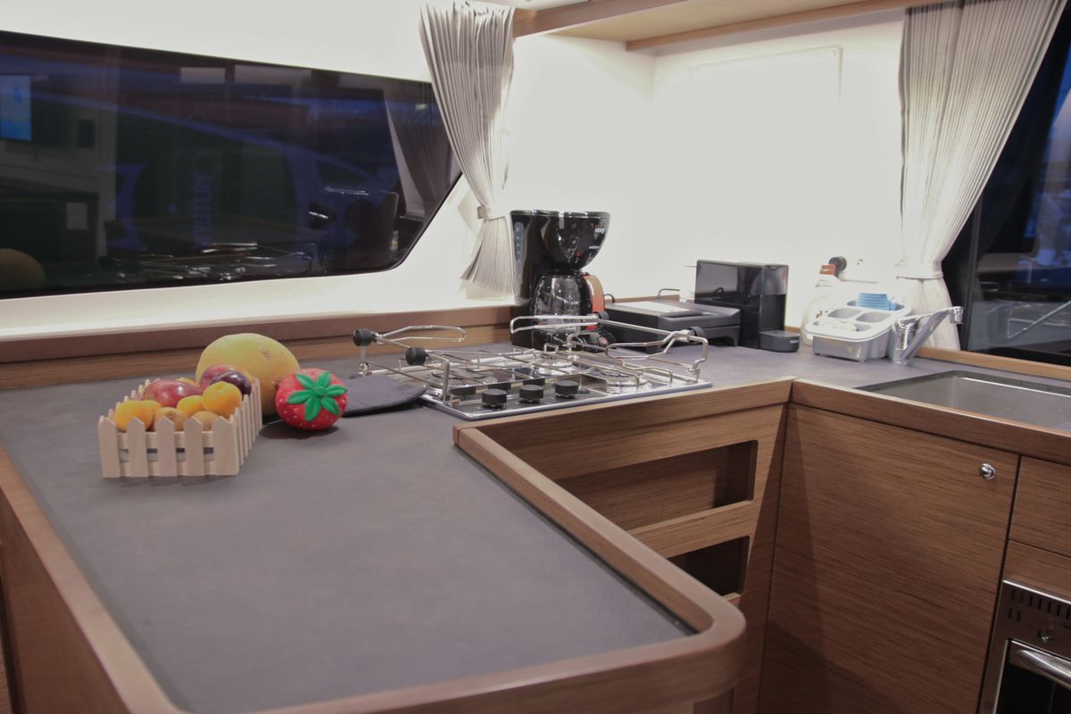 Galley of Kit Cat, a Lagoon 42 catamaran at Athens, Greece