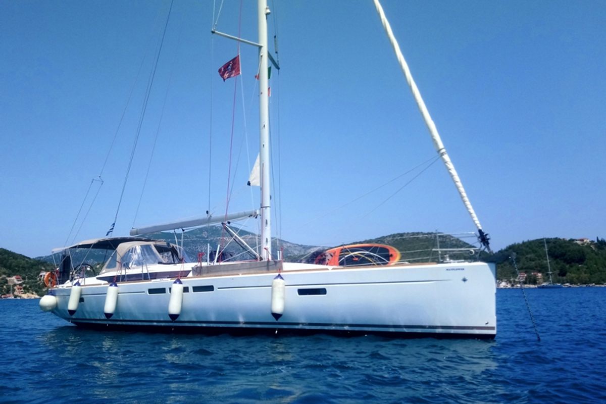 Exterior view of Mayflower, a Jeanneau Sun Odyssey 519 sailboat at Benitses, Greece