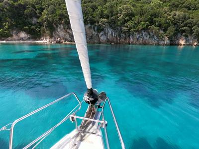 Deck of Mayflower, a Jeanneau Sun Odyssey 519 sailboat at Benitses, Greece