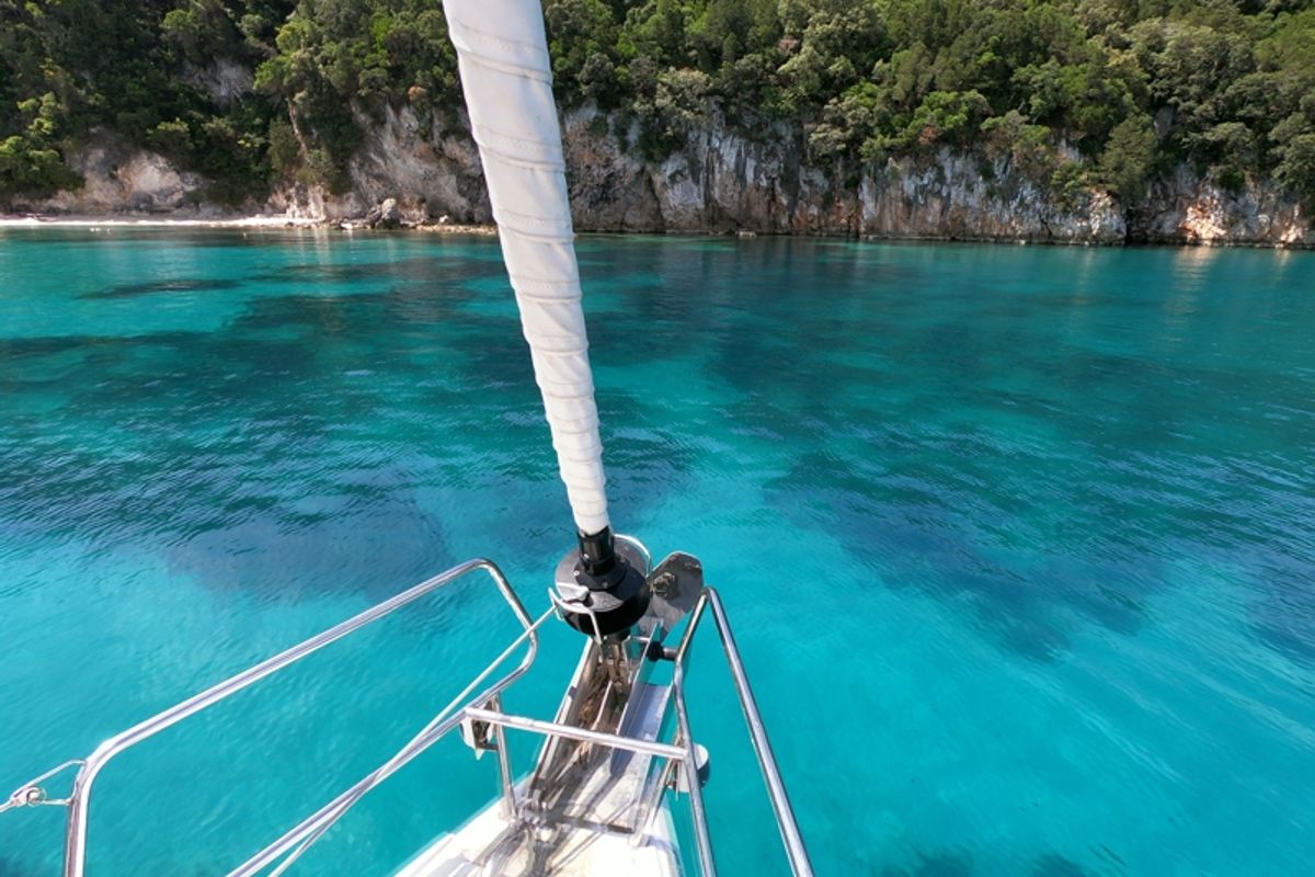 Deck of Mayflower, a Jeanneau Sun Odyssey 519 sailboat at Benitses, Greece