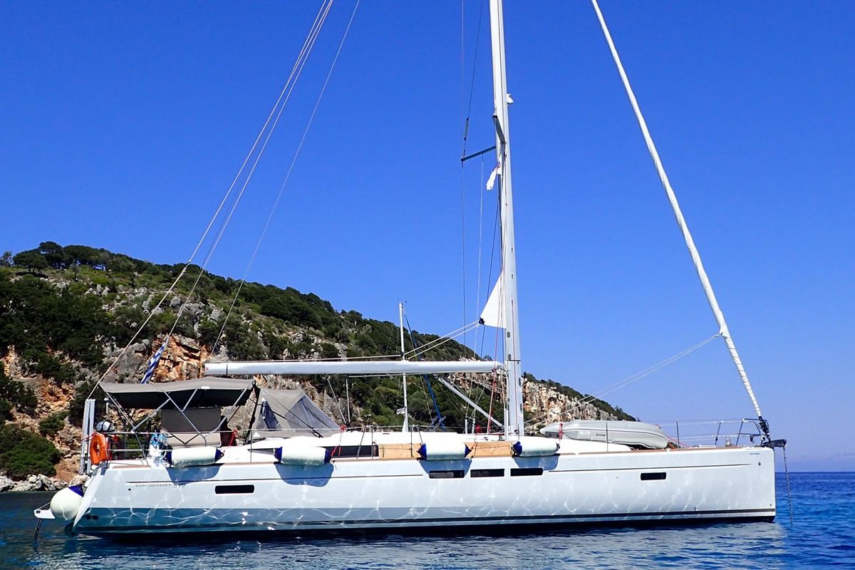 Exterior view of Mayflower, a Jeanneau Sun Odyssey 519 sailboat at Benitses, Greece