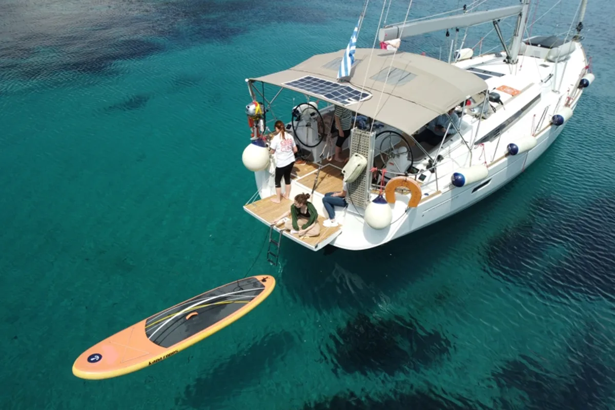 Exterior view of Mayflower, a Jeanneau Sun Odyssey 519 sailboat at Benitses, Greece