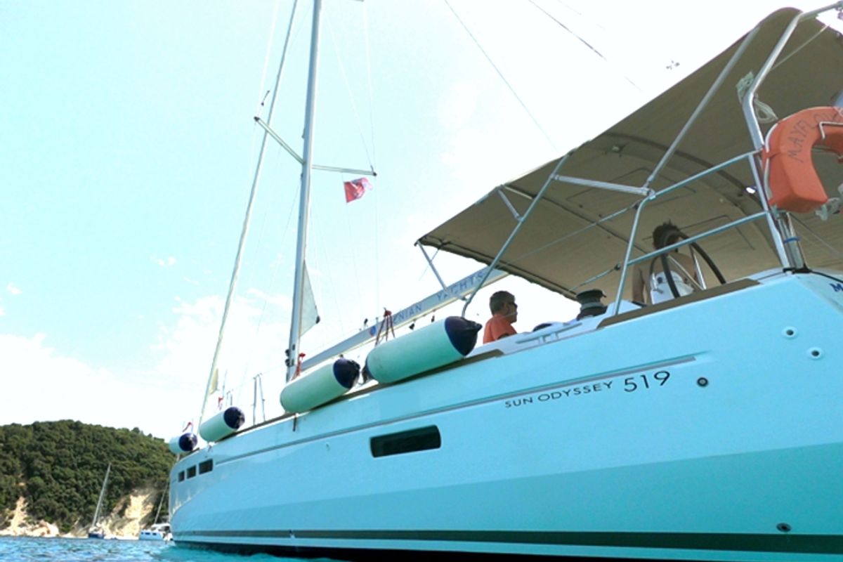 Exterior view of Mayflower, a Jeanneau Sun Odyssey 519 sailboat at Benitses, Greece