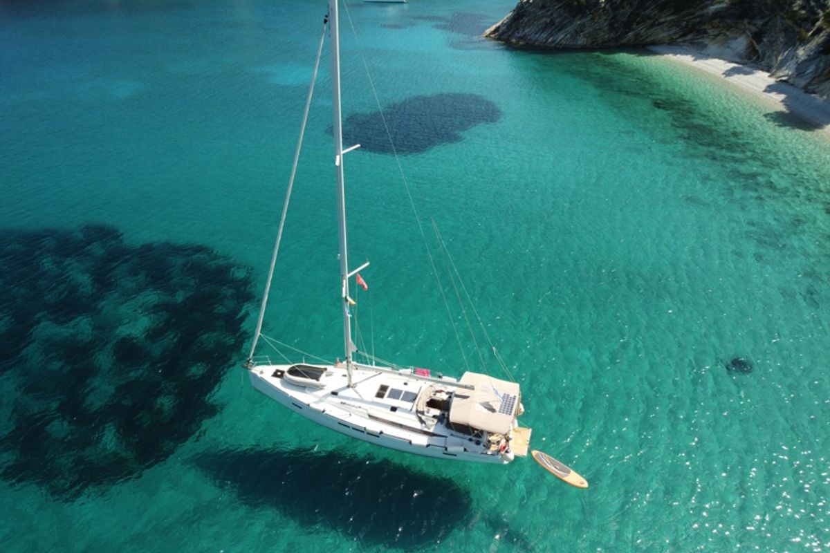 Exterior view of Mayflower, a Jeanneau Sun Odyssey 519 sailboat at Benitses, Greece