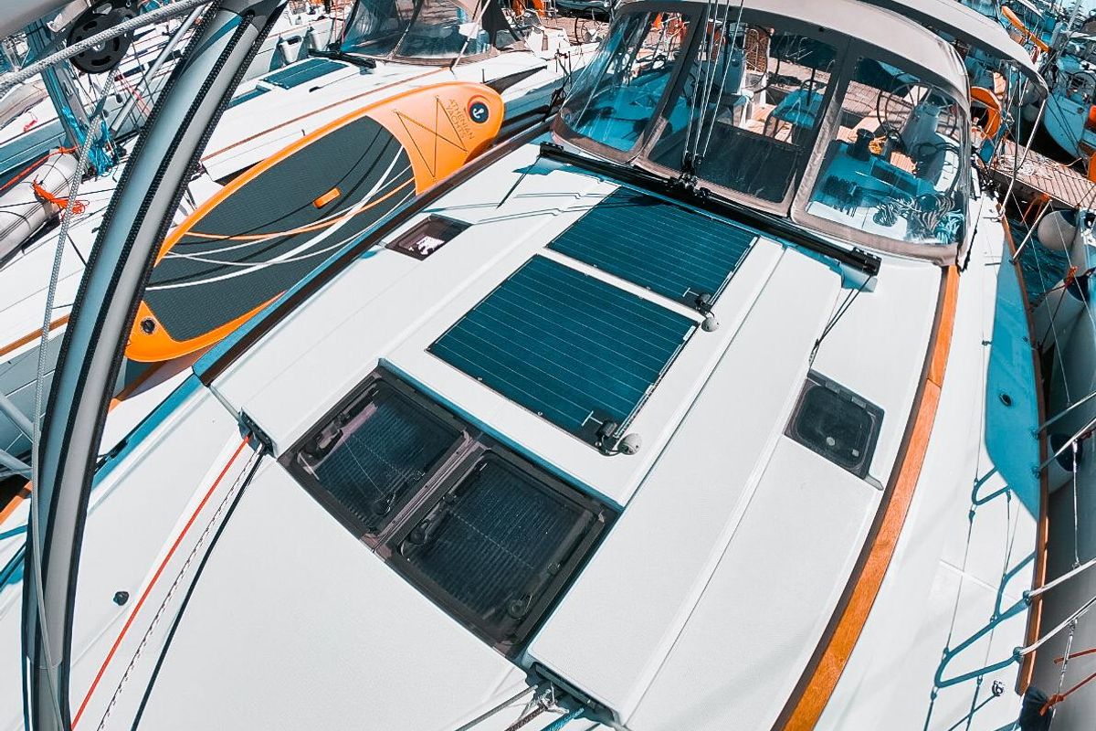 Deck of Mayflower, a Jeanneau Sun Odyssey 519 sailboat at Benitses, Greece
