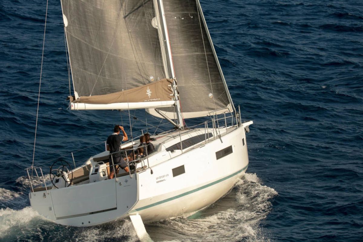 Exterior view of Locean, a Jeanneau Sun Odyssey 410 sailboat at Municipal Unit of Lefkada, Greece
