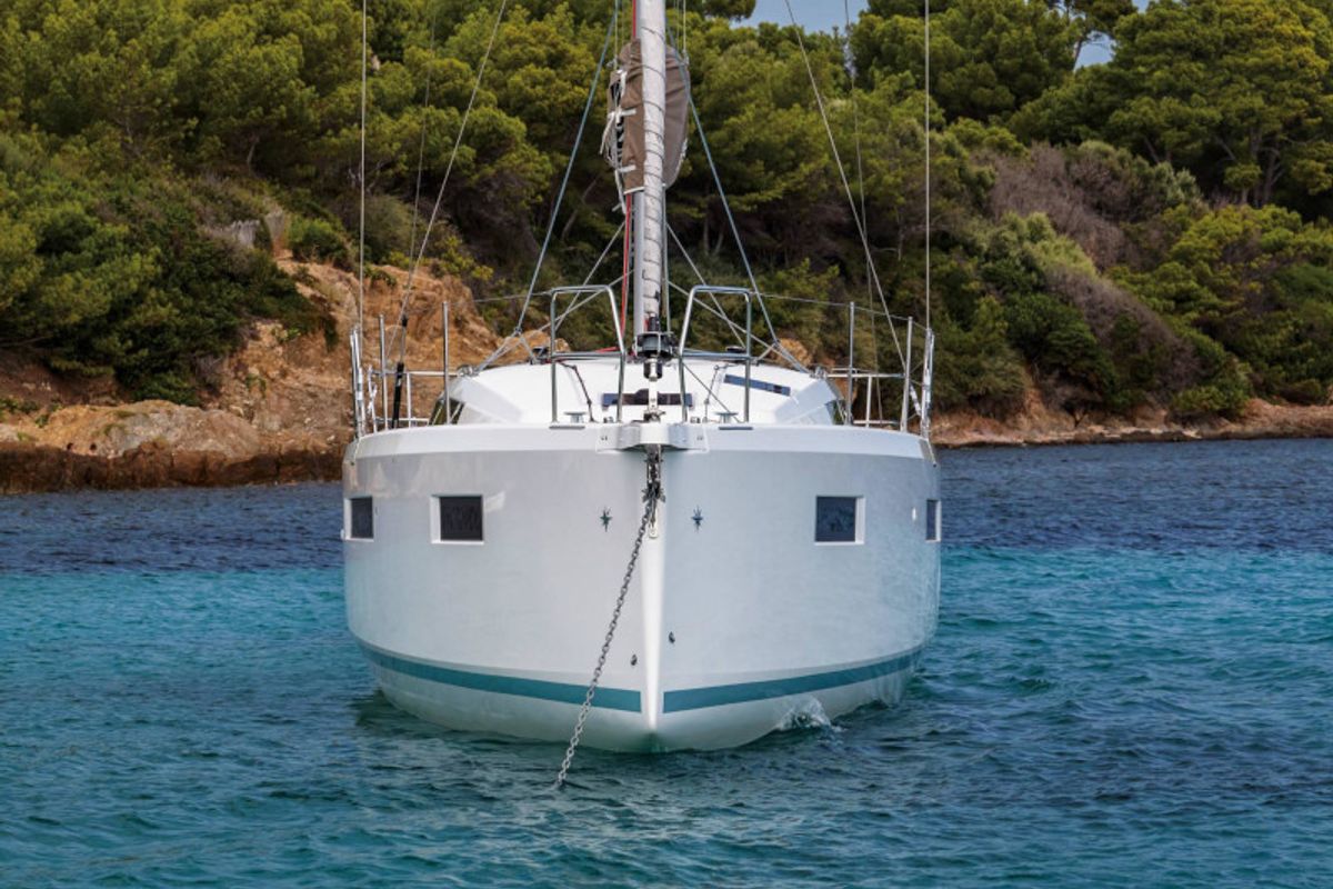 Exterior view of Locean, a Jeanneau Sun Odyssey 410 sailboat at Municipal Unit of Lefkada, Greece