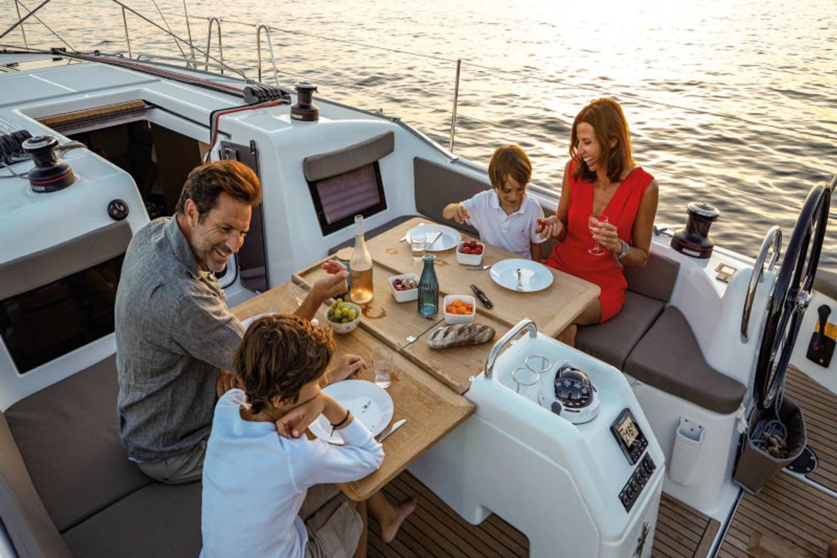 Deck of Locean, a Jeanneau Sun Odyssey 410 sailboat at Municipal Unit of Lefkada, Greece