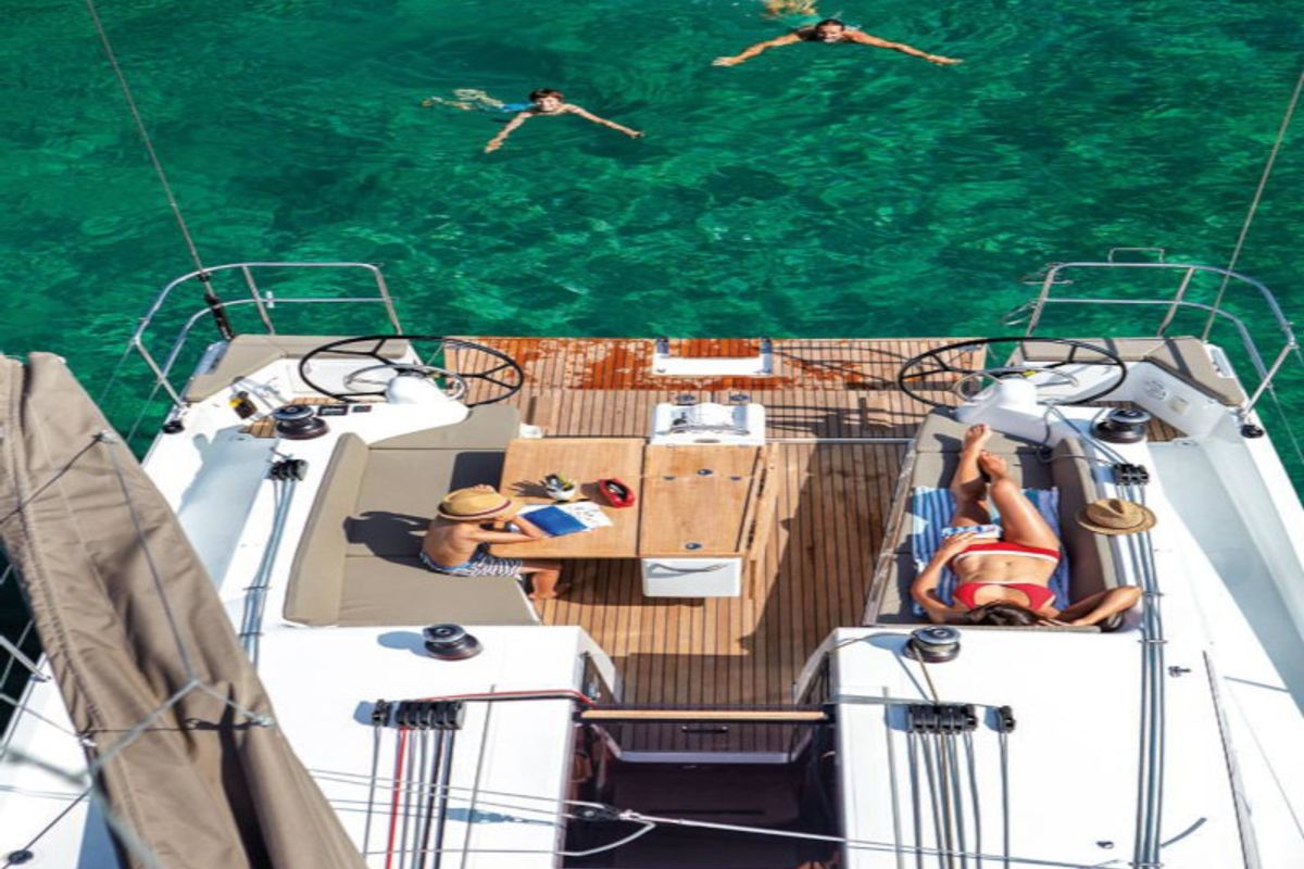 Deck of Locean, a Jeanneau Sun Odyssey 410 sailboat at Municipal Unit of Lefkada, Greece