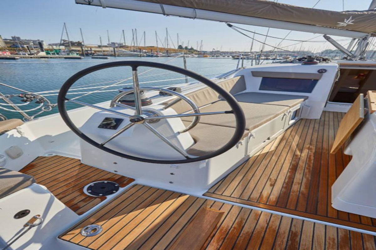 Cockpit of Locean, a Jeanneau Sun Odyssey 410 sailboat at Municipal Unit of Lefkada, Greece