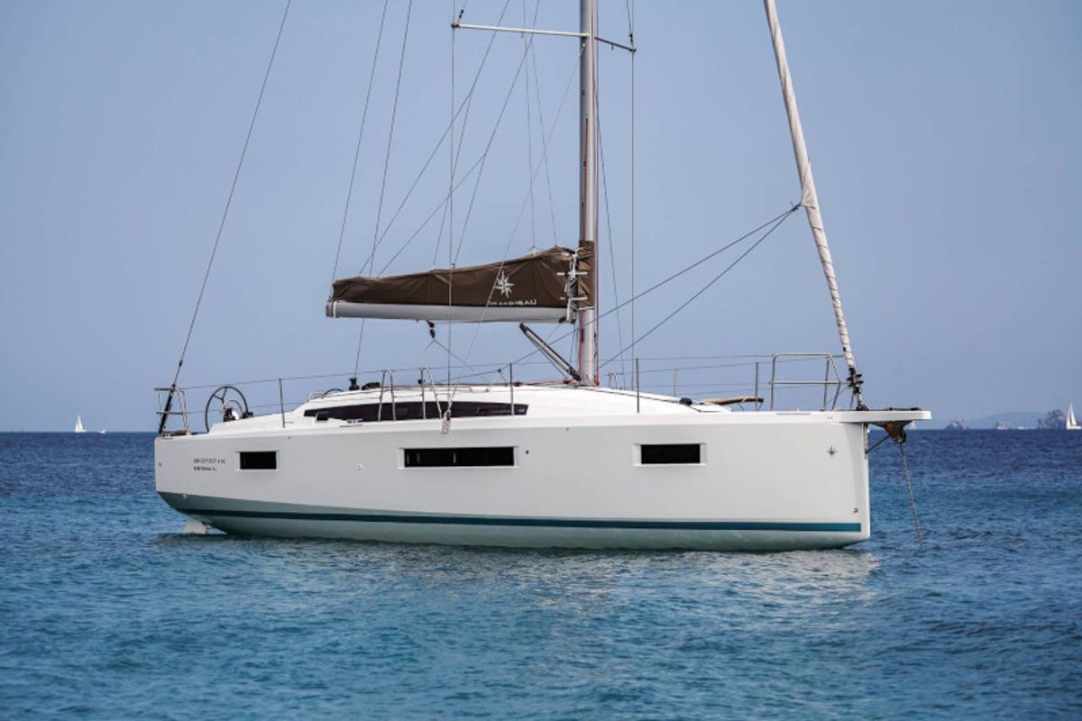 Exterior view of Locean, a Jeanneau Sun Odyssey 410 sailboat at Municipal Unit of Lefkada, Greece