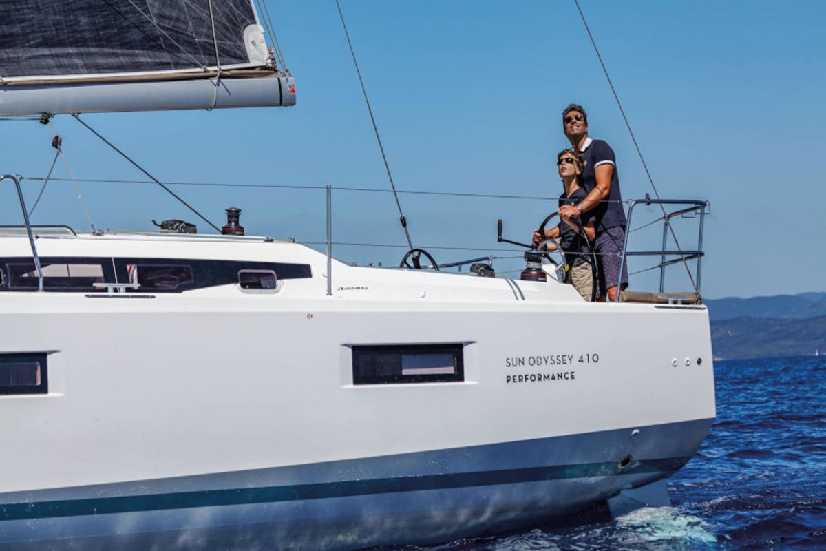 Exterior view of Locean, a Jeanneau Sun Odyssey 410 sailboat at Municipal Unit of Lefkada, Greece