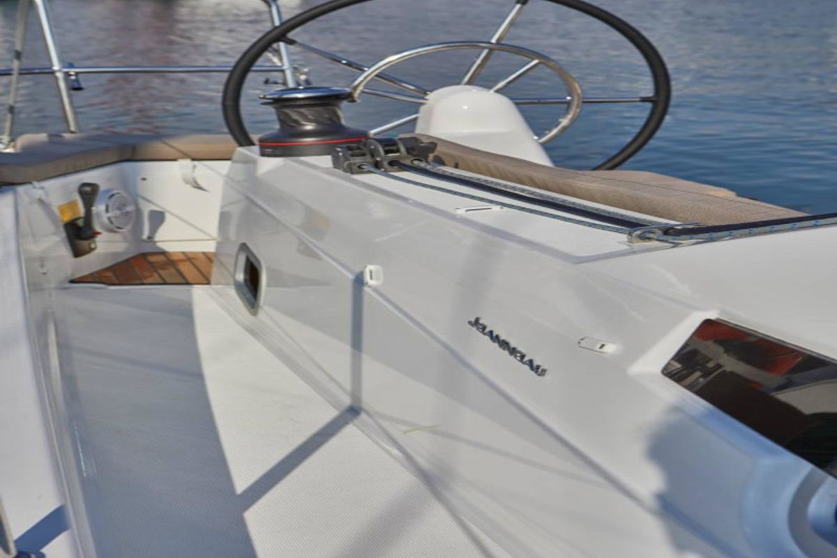 Cockpit of Locean, a Jeanneau Sun Odyssey 410 sailboat at Municipal Unit of Lefkada, Greece