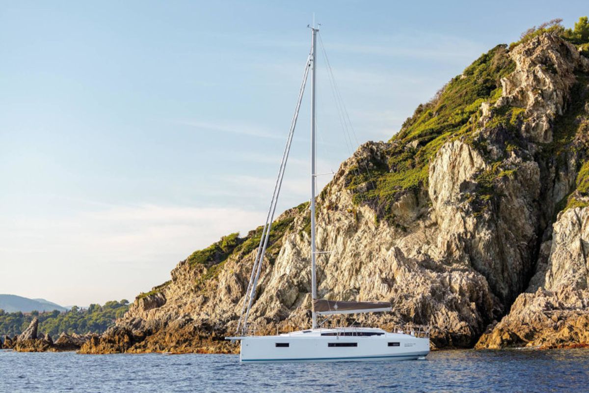 Exterior view of Locean, a Jeanneau Sun Odyssey 410 sailboat at Municipal Unit of Lefkada, Greece