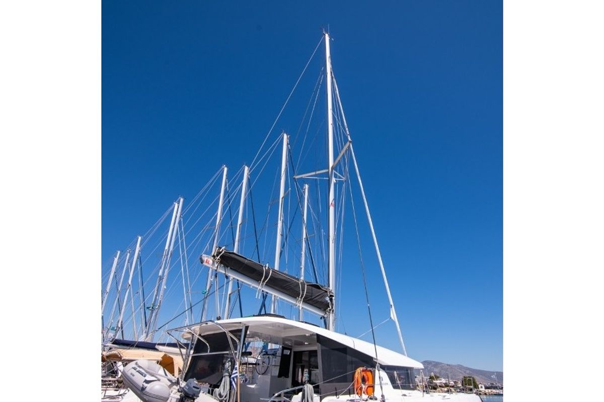 Exterior view of Blue Trident, a Lagoon 42 catamaran at Agios Stefanos, Greece