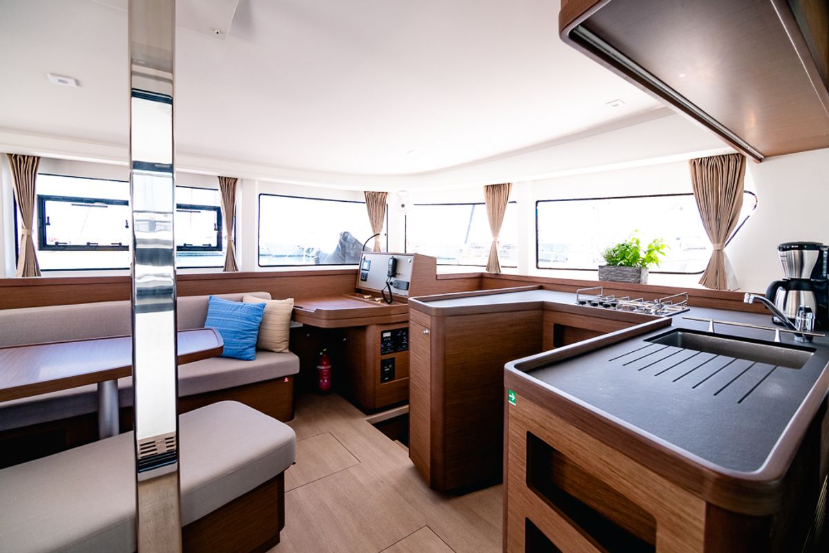 Salon of Blue Trident, a Lagoon 42 catamaran at Agios Stefanos, Greece