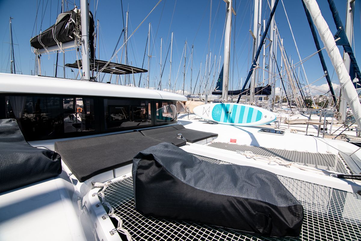 Deck of Blue Trident, a Lagoon 42 catamaran at Agios Stefanos, Greece