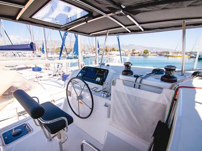 Cockpit of Blue Trident, a Lagoon 42 catamaran at Agios Stefanos, Greece