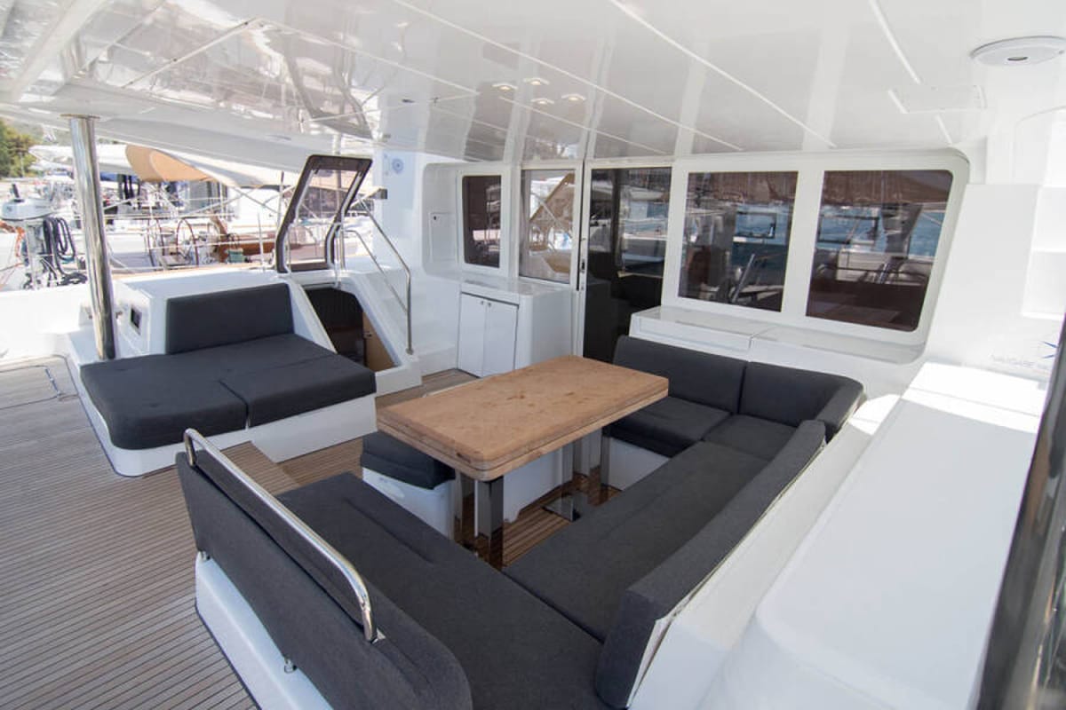 Deck of LinaHanna, a Lagoon 52 F catamaran at Grad Šibenik, Croatia
