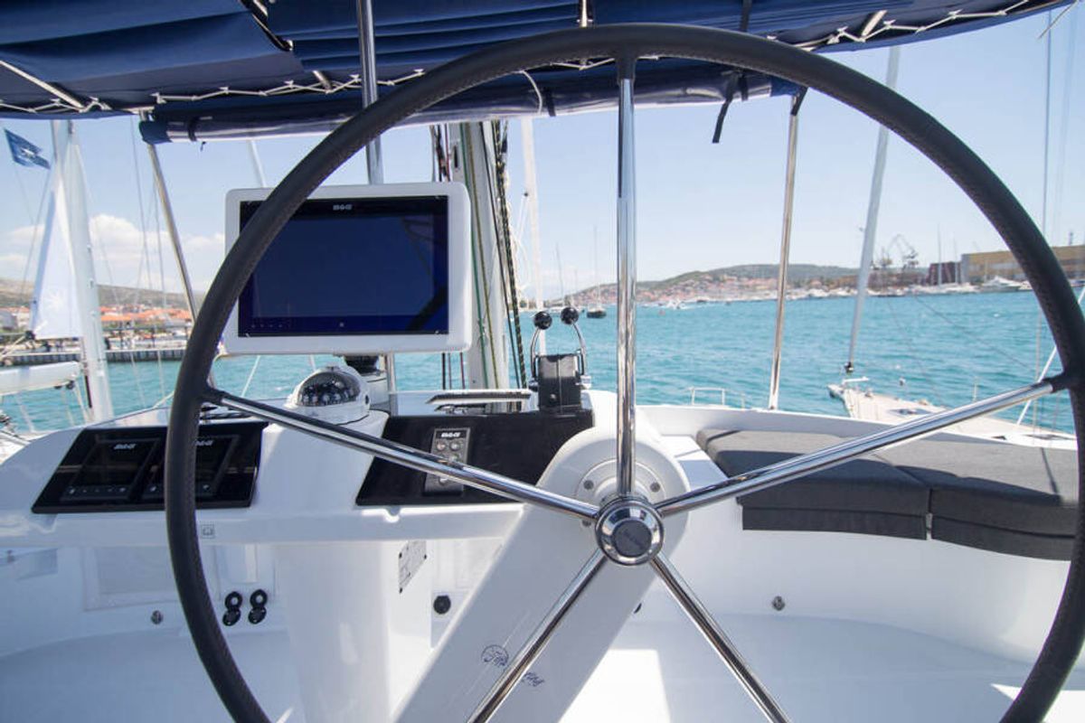 Cockpit of LinaHanna, a Lagoon 52 F catamaran at Grad Šibenik, Croatia