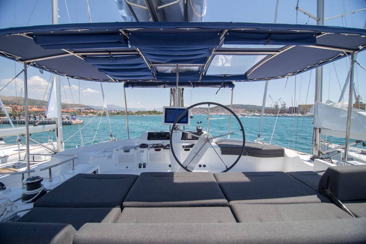Cockpit of LinaHanna, a Lagoon 52 F catamaran at Grad Šibenik, Croatia