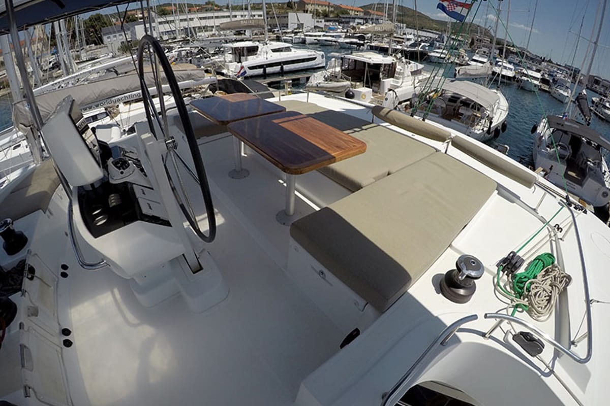Deck of LinaHanna, a Lagoon 52 F catamaran at Grad Šibenik, Croatia