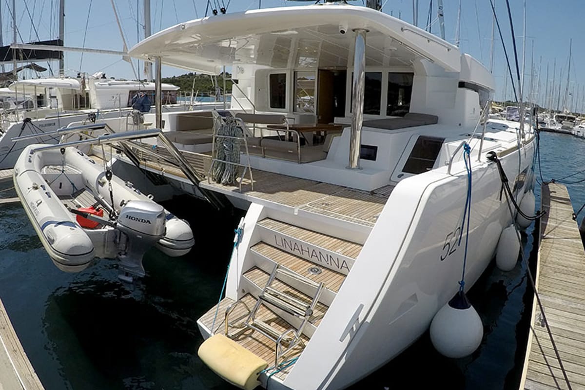 Deck of LinaHanna, a Lagoon 52 F catamaran at Grad Šibenik, Croatia