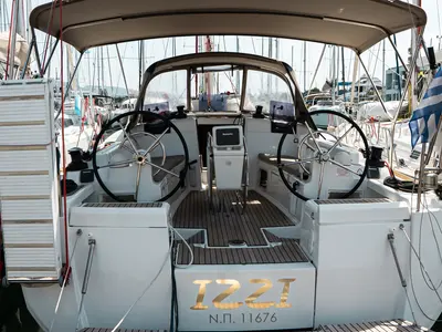 Cockpit of Izzi, a Jeanneau Sun Odyssey 419 sailboat at Municipal Unit of Lefkada, Greece
