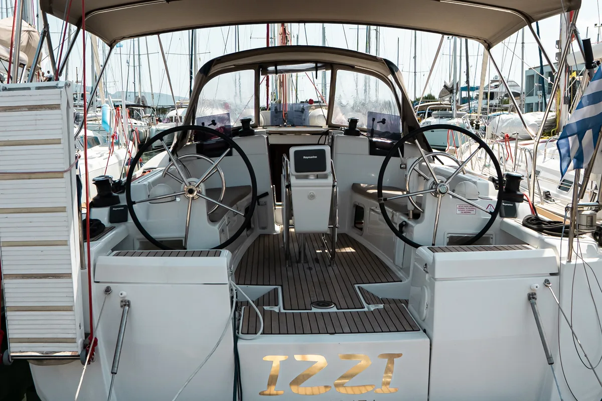Cockpit of Izzi, a Jeanneau Sun Odyssey 419 sailboat at Municipal Unit of Lefkada, Greece