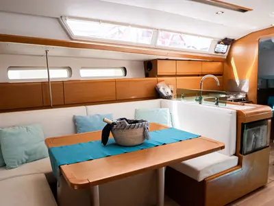 Salon of Izzi, a Jeanneau Sun Odyssey 419 sailboat at Municipal Unit of Lefkada, Greece