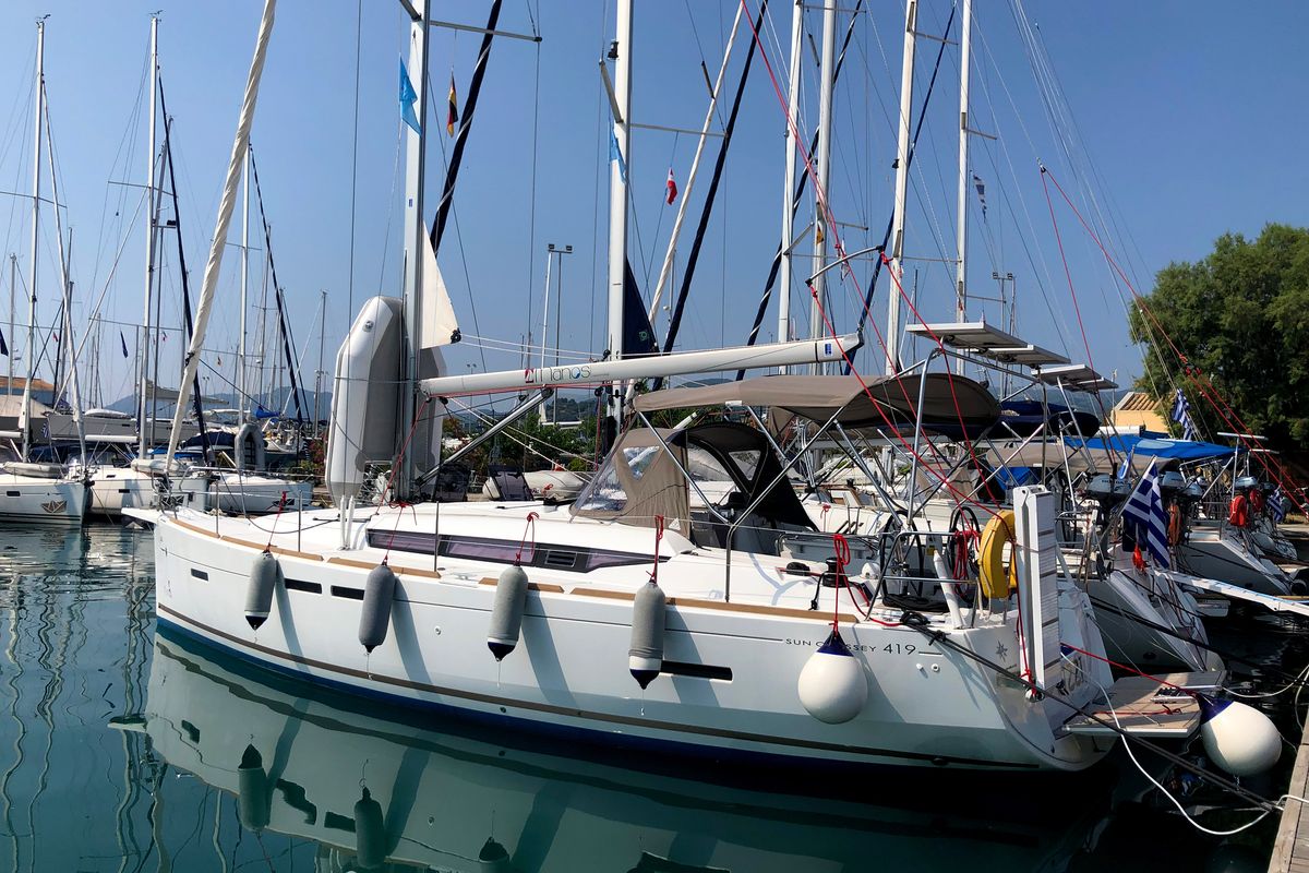 Exterior view of Izzi, a Jeanneau Sun Odyssey 419 sailboat at Municipal Unit of Lefkada, Greece