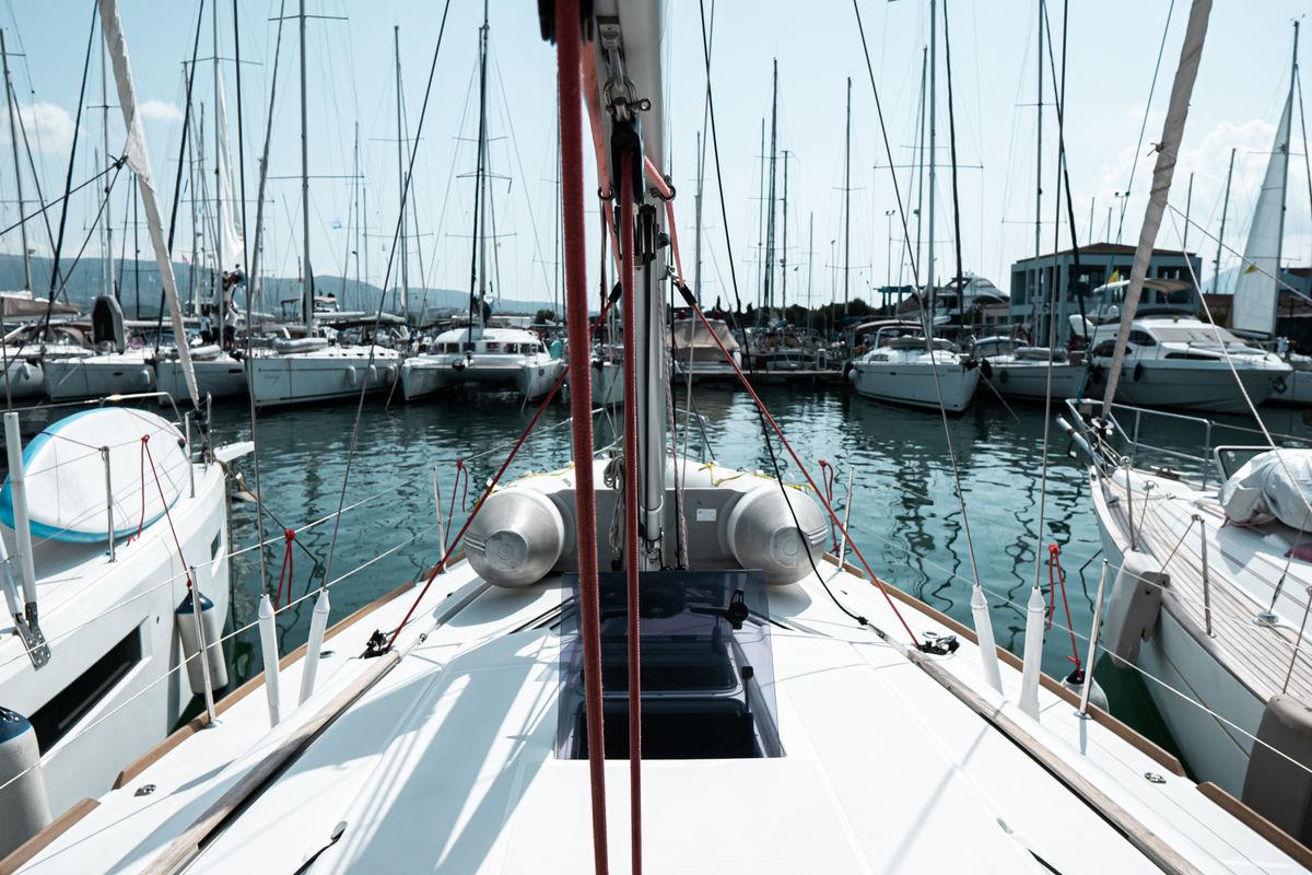 Deck of Izzi, a Jeanneau Sun Odyssey 419 sailboat at Municipal Unit of Lefkada, Greece