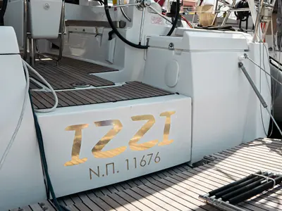 Deck of Izzi, a Jeanneau Sun Odyssey 419 sailboat at Municipal Unit of Lefkada, Greece