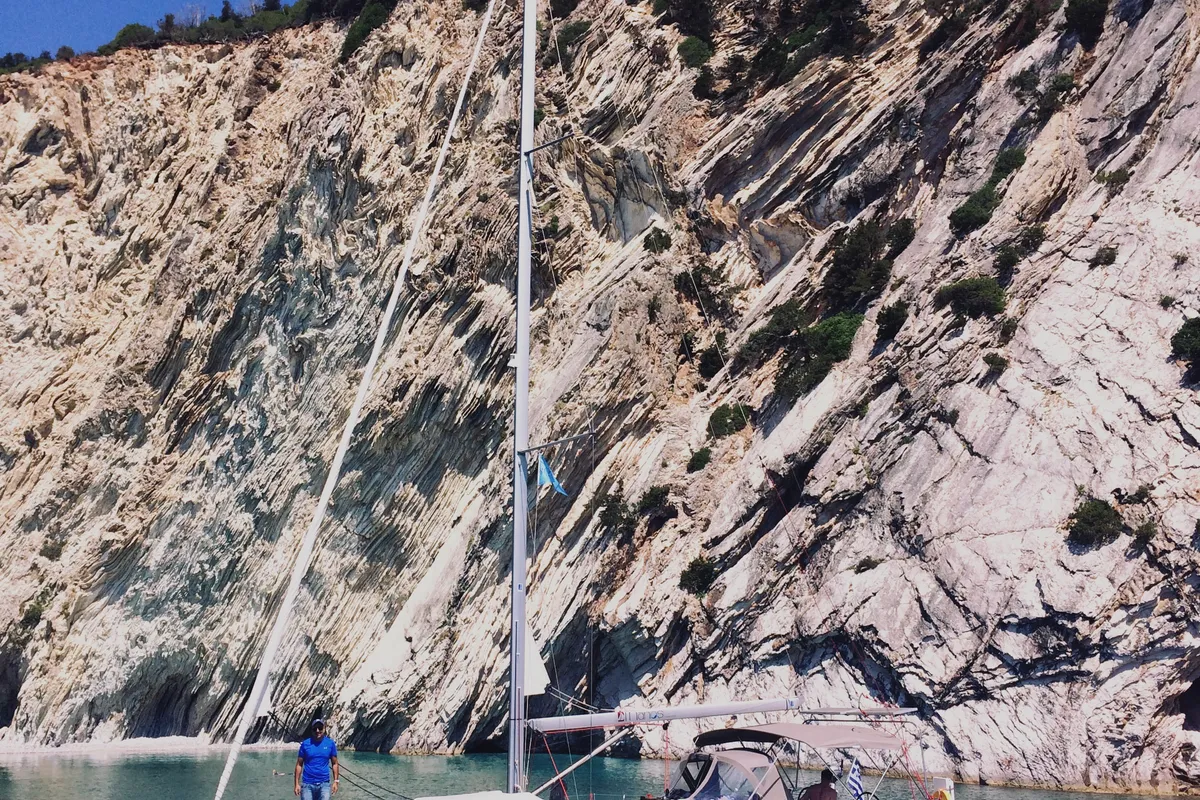 Exterior view of Izzi, a Jeanneau Sun Odyssey 419 sailboat at Municipal Unit of Lefkada, Greece