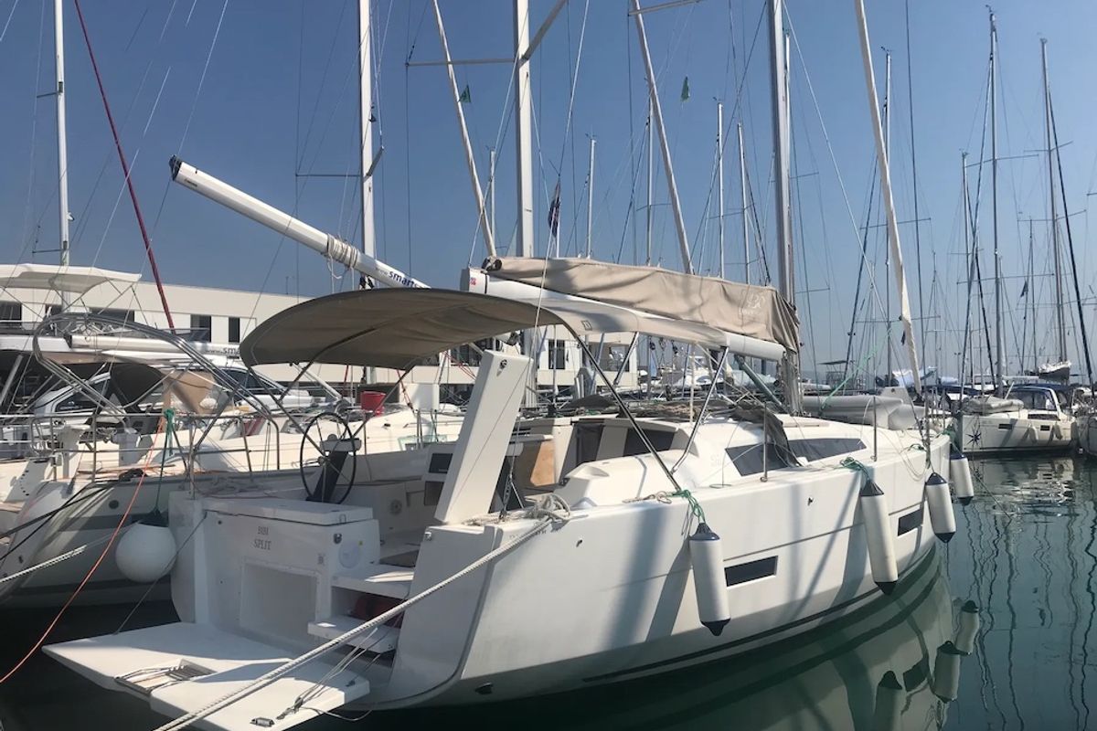 Exterior view of Bibi, a Dufour 430 GL sailboat at Seget Donji, Croatia