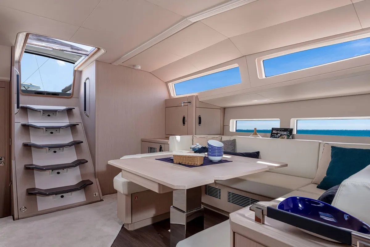 Salon of Elyvian Breeze, a Jeanneau 60 sailboat at Santa Maria di Leuca, Italy