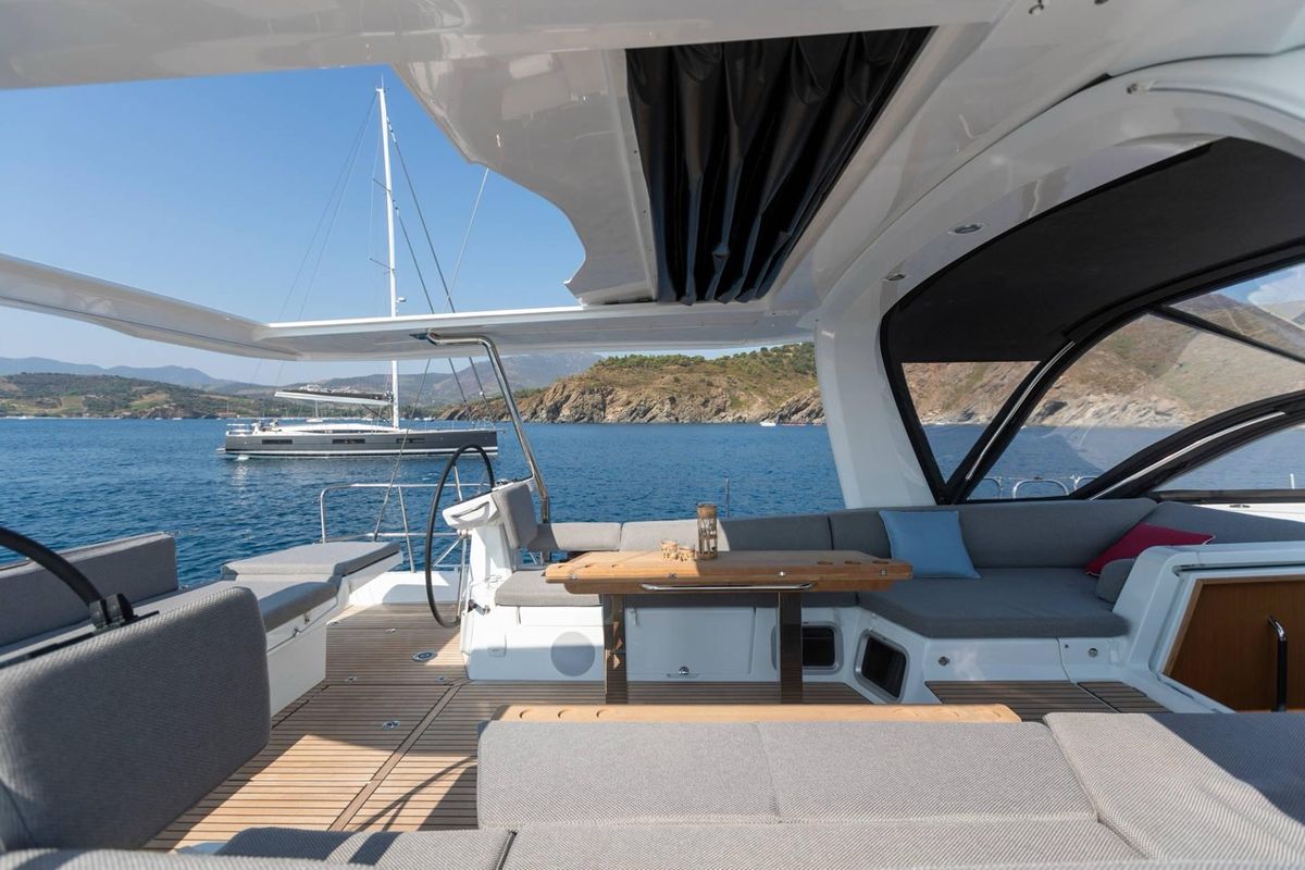 Deck of Elyvian Breeze, a Jeanneau 60 sailboat at Santa Maria di Leuca, Italy