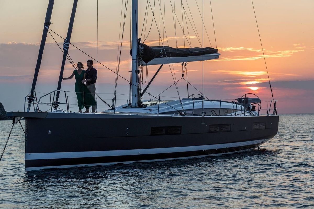 Exterior view of Elyvian Breeze, a Jeanneau 60 sailboat at Santa Maria di Leuca, Italy