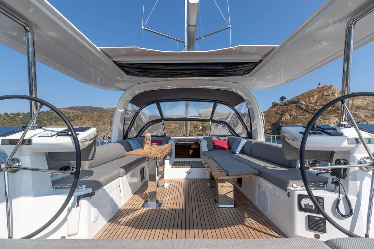 Cockpit of Elyvian Breeze, a Jeanneau 60 sailboat at Santa Maria di Leuca, Italy