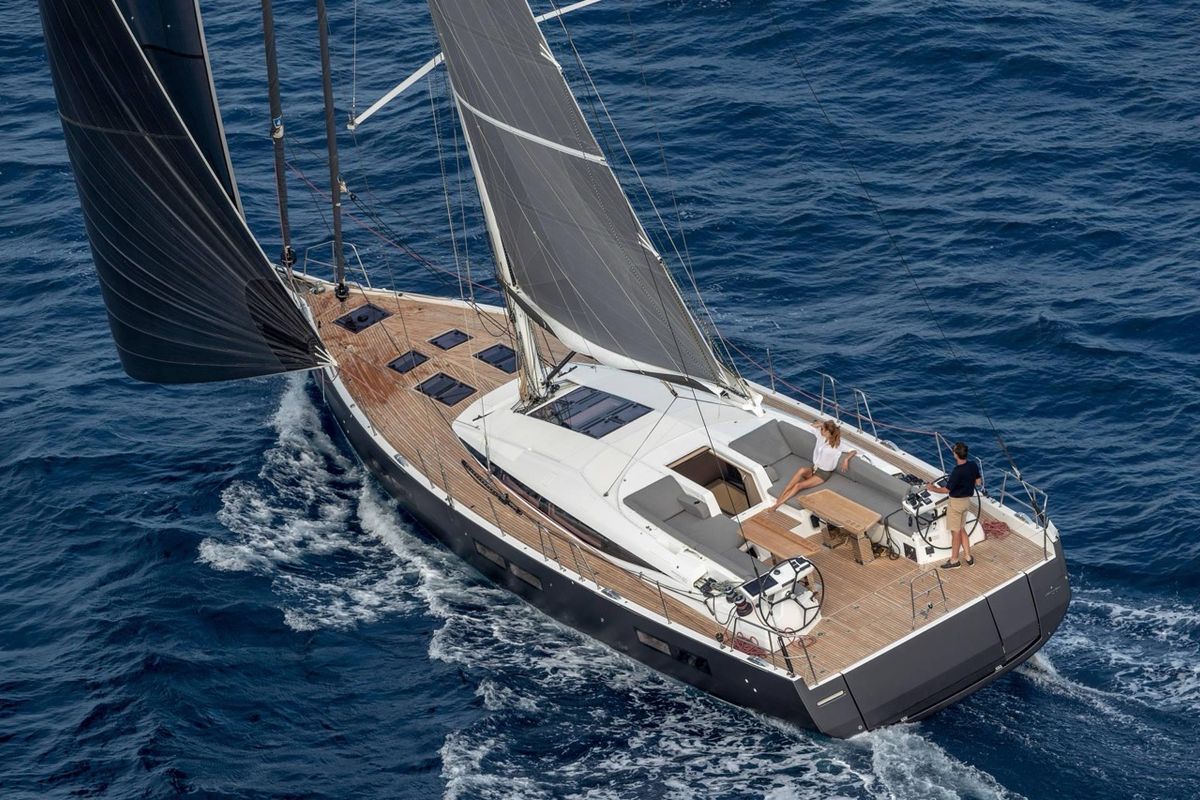 Exterior view of Elyvian Breeze, a Jeanneau 60 sailboat at Santa Maria di Leuca, Italy