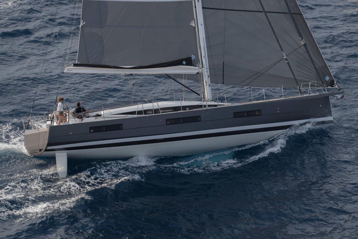 Exterior view of Elyvian Breeze, a Jeanneau 60 sailboat at Santa Maria di Leuca, Italy